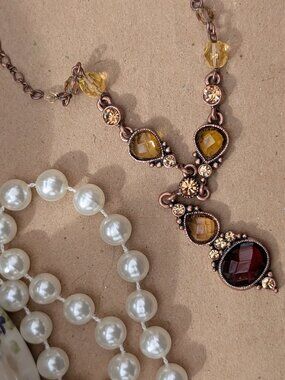 Signed 2028 Antique Gold Tone Y-Necklace with Rhinestones & Beads